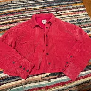 BDG Hot Pink Cropped Corduroy Shirt with purple stitching
